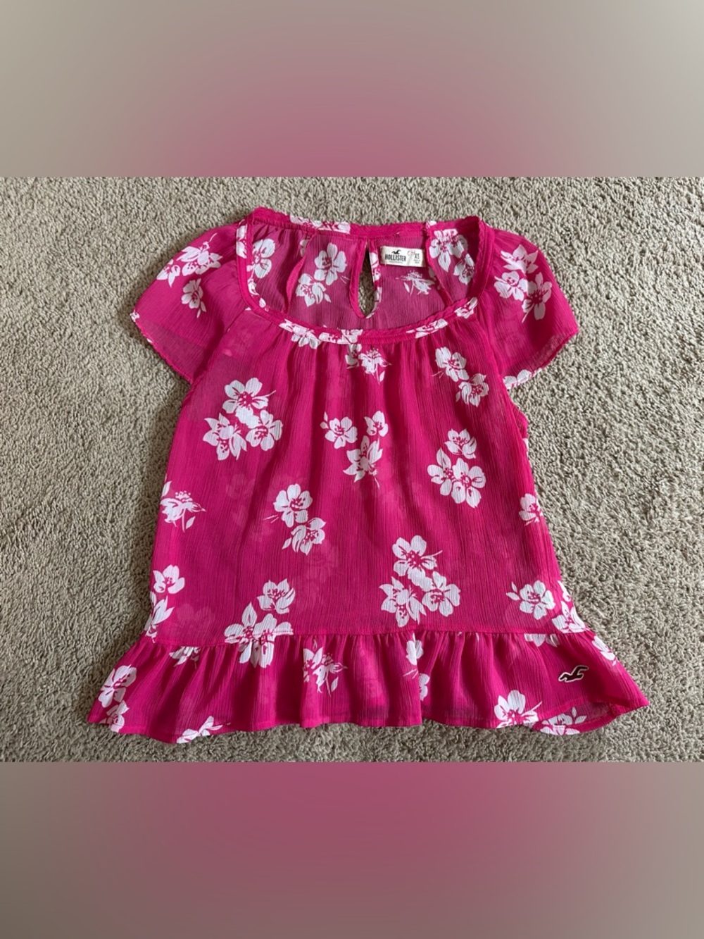 Hollister Bright Pink Floral Ruffle-Hem Top.